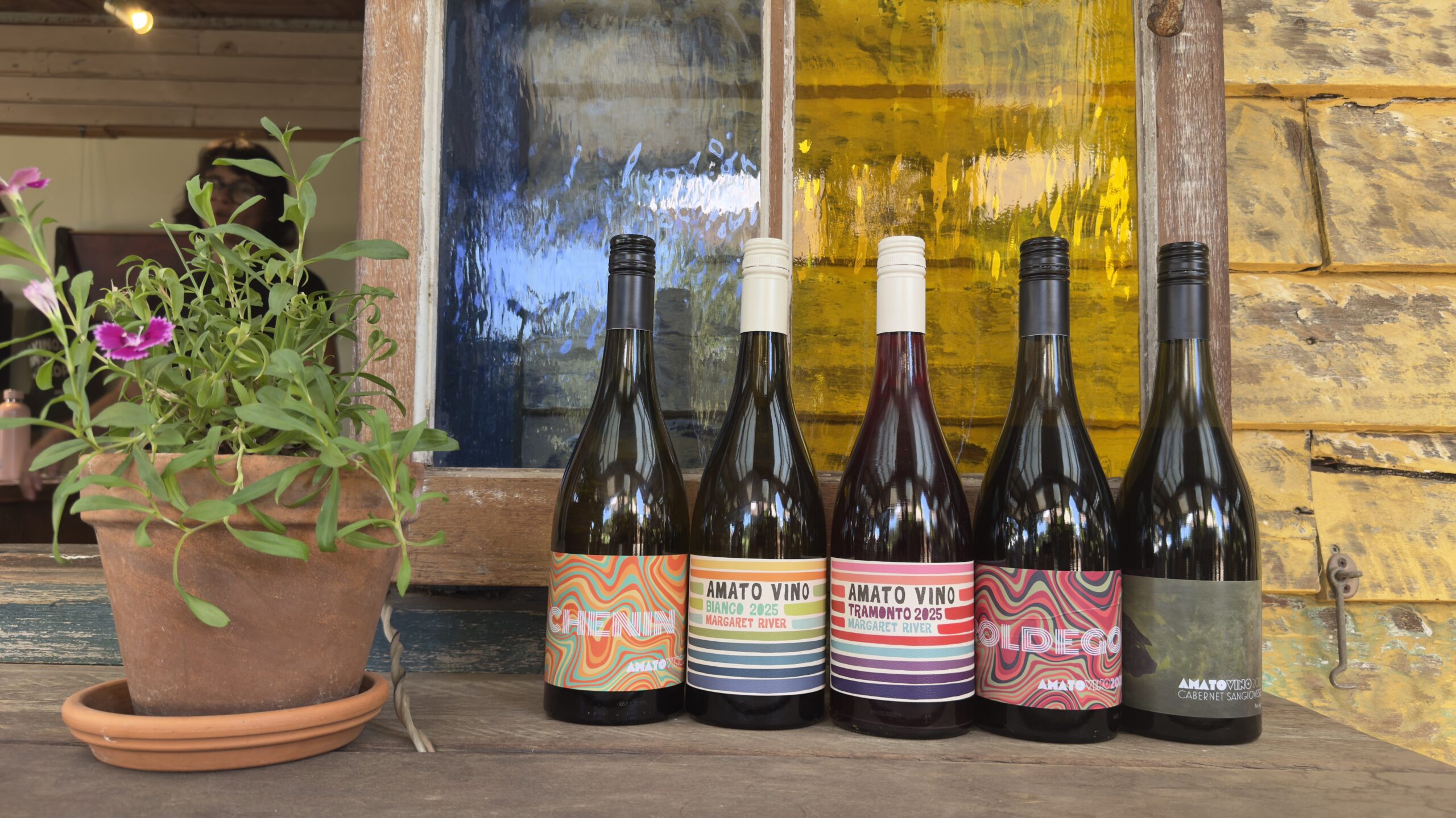 Amato Vino wines in window bar Wines in the Amato Vino cellar door window